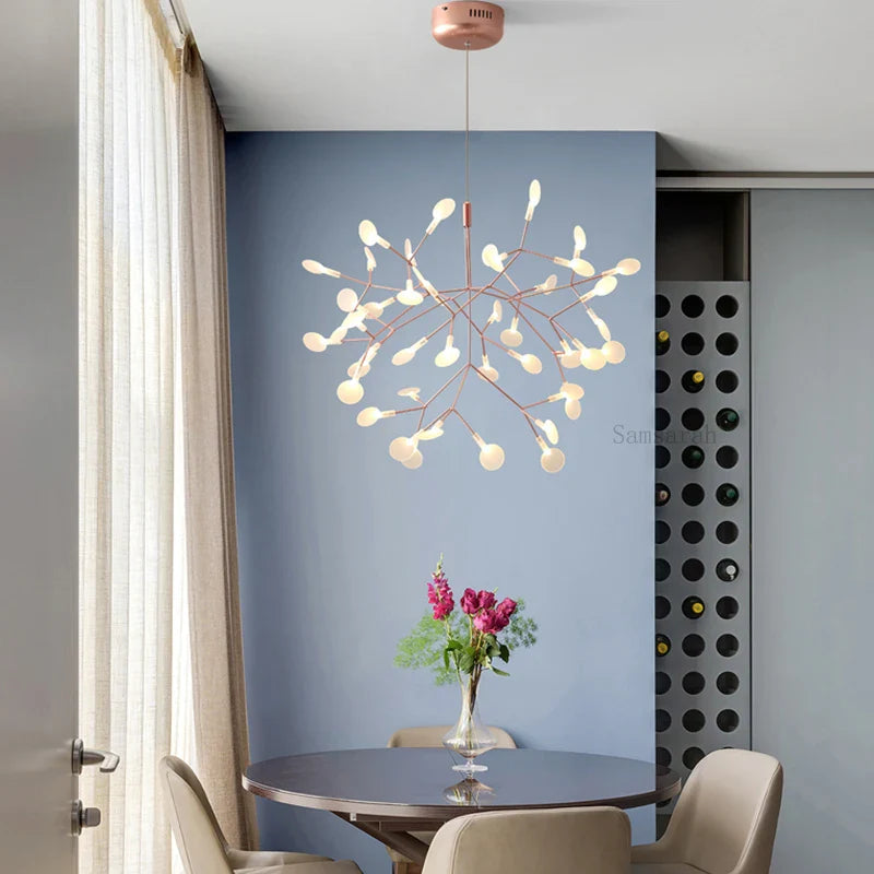 Afralia™ Modern Nordic Hanging Firefly Chandelier - Rose Gold and Black Branch Design