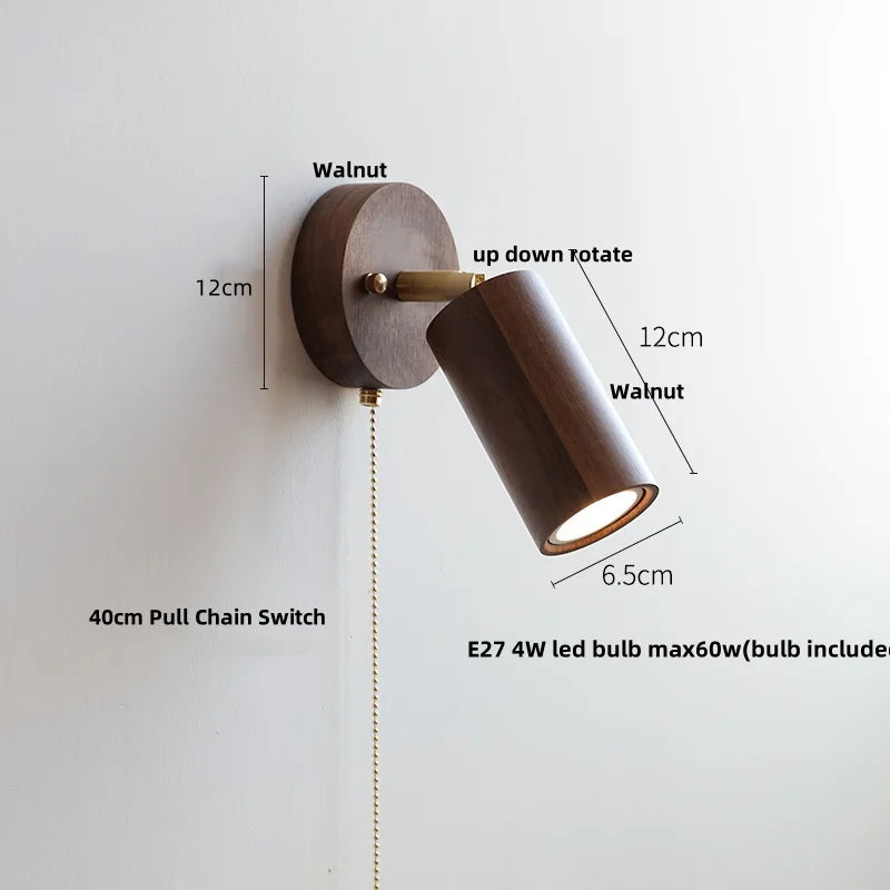 Afralia™ Nordic LED Wall Lamp Rotate Walnut Pull Chain Switch Mirror Light