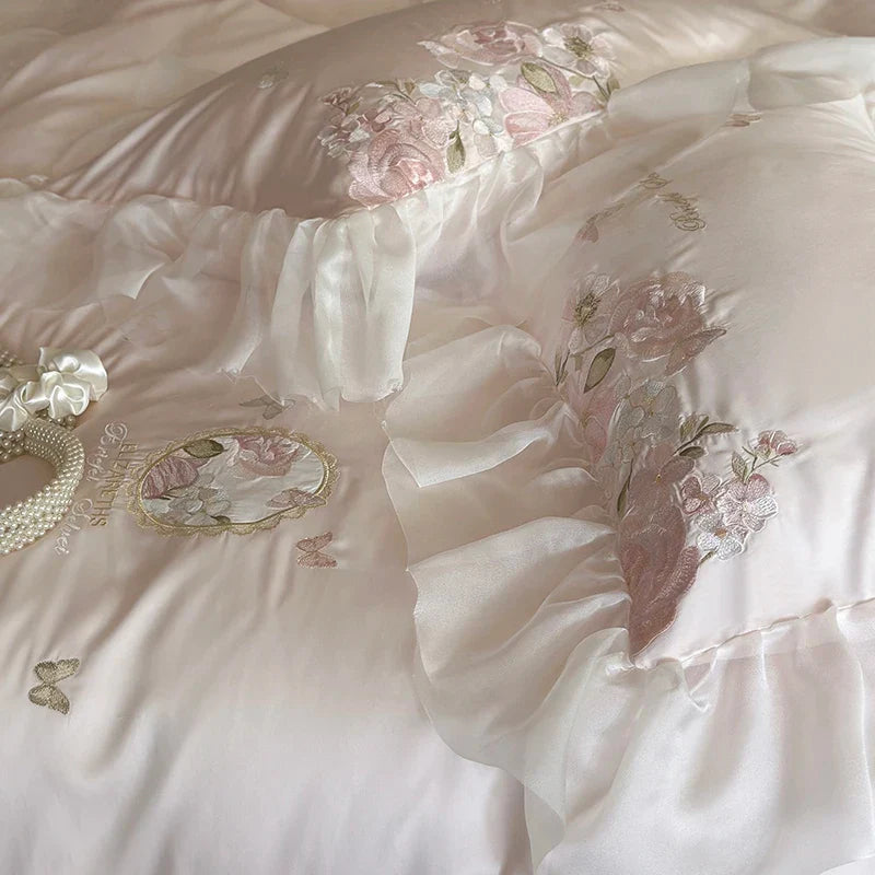 Afralia™ Vintage Lace Ruffles Embroidery Bedding Set with Duvet, Sheet, and Pillowcases