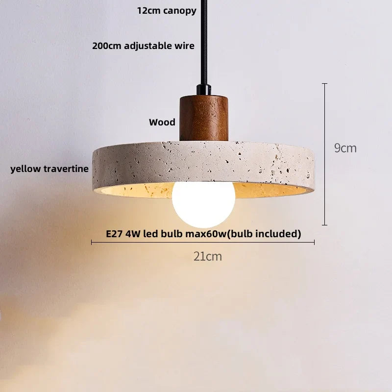 Afralia™ Wood Walnut LED Pendant Light Yellow Trivertine Stone Hanging Lamp