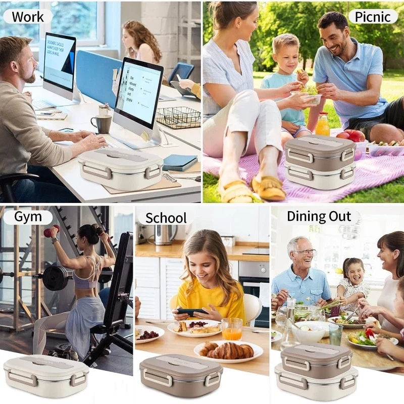 Afralia™ Stainless Steel Insulated Lunch Box with Compartments and Microwave-safe Food Container