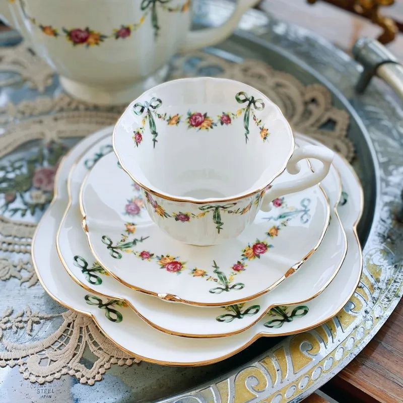 Afralia™ Ribbon Rose Bone China Coffee Cup Saucer Dinner Soup Rice Bowl Kitchenware