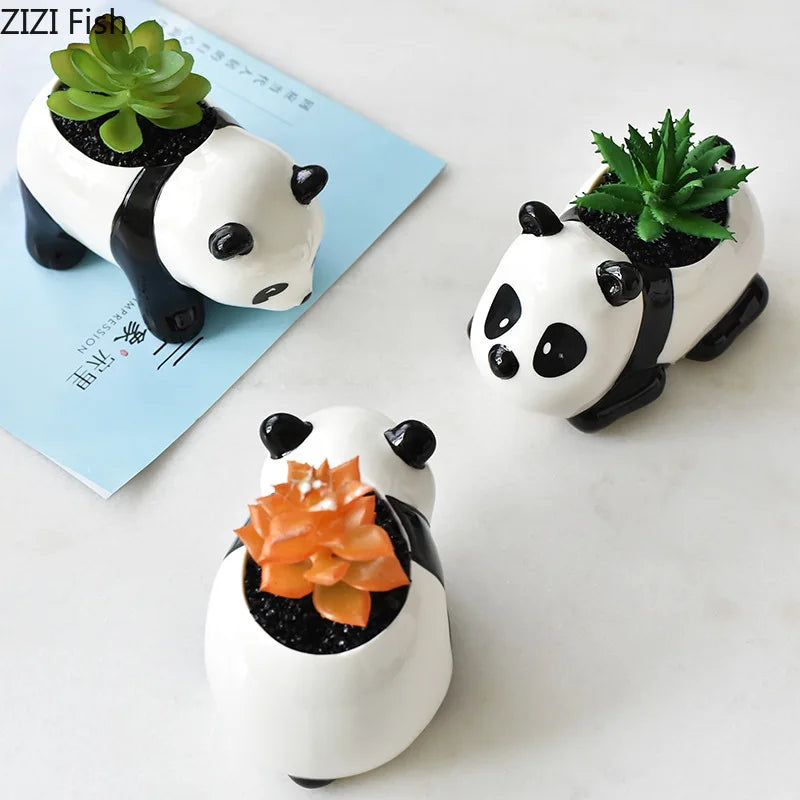 Afralia™ Panda Cartoon Ceramic Flower Pot for Succulents, Artificial Animal Vase and Floral Arrangement