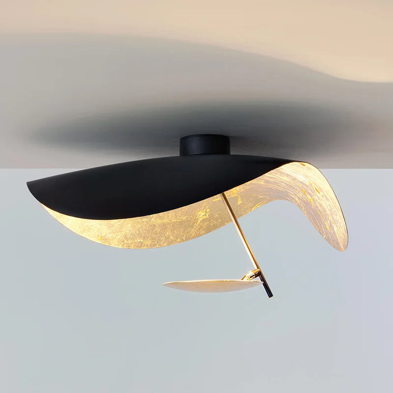 Afralia™ Lederam Manta Pendant: Industrial Black & Gold Ceiling Light with Lotus Leaf Design
