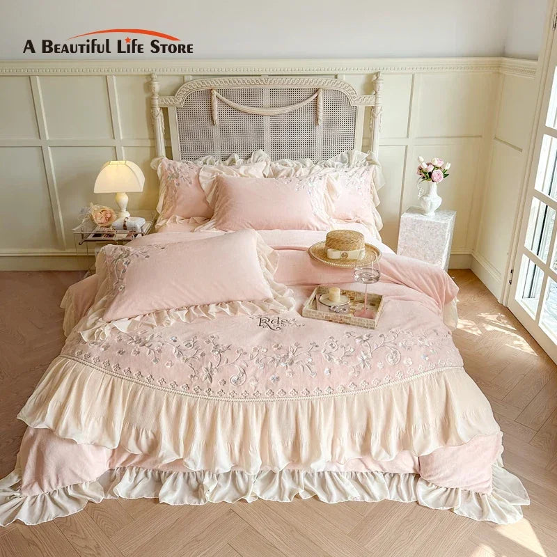 Afralia™ Pink Lace Ruffles Bedding Set, Velvet Duvet Cover, Soft Sheets & Pillowcases