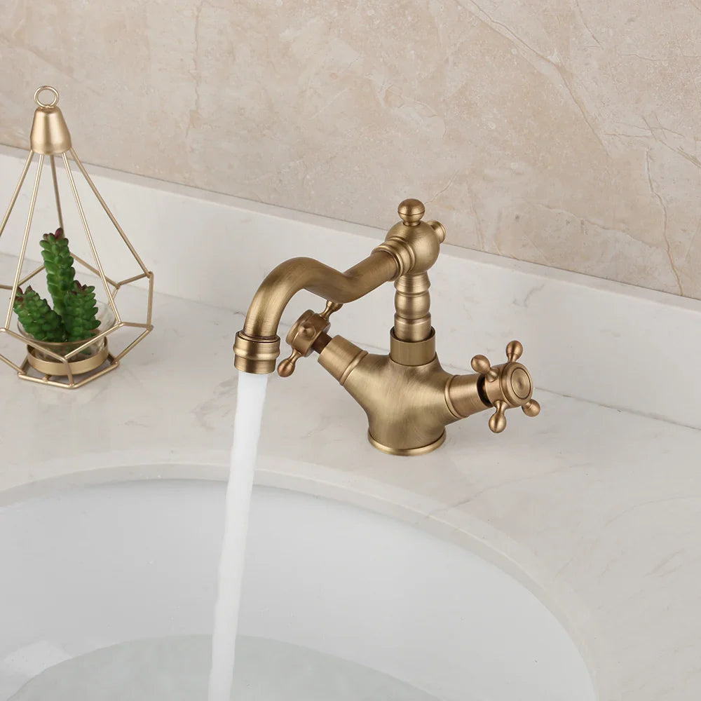 Afralia™ Antique Brass Kitchen Bathroom Faucet Swivel Mixer Tap Dual Handles Deck Mount