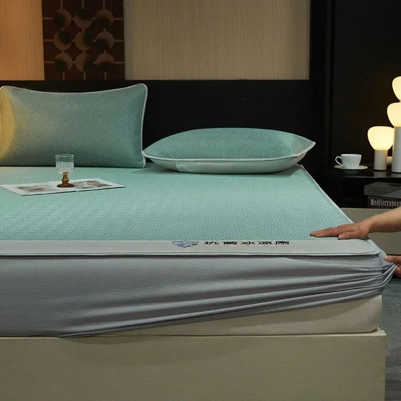 Afralia™ Antibacterial Ice Silky Soft Fitted Sheet Set, Striped Geometric Pattern, Breathable Mattress Cover