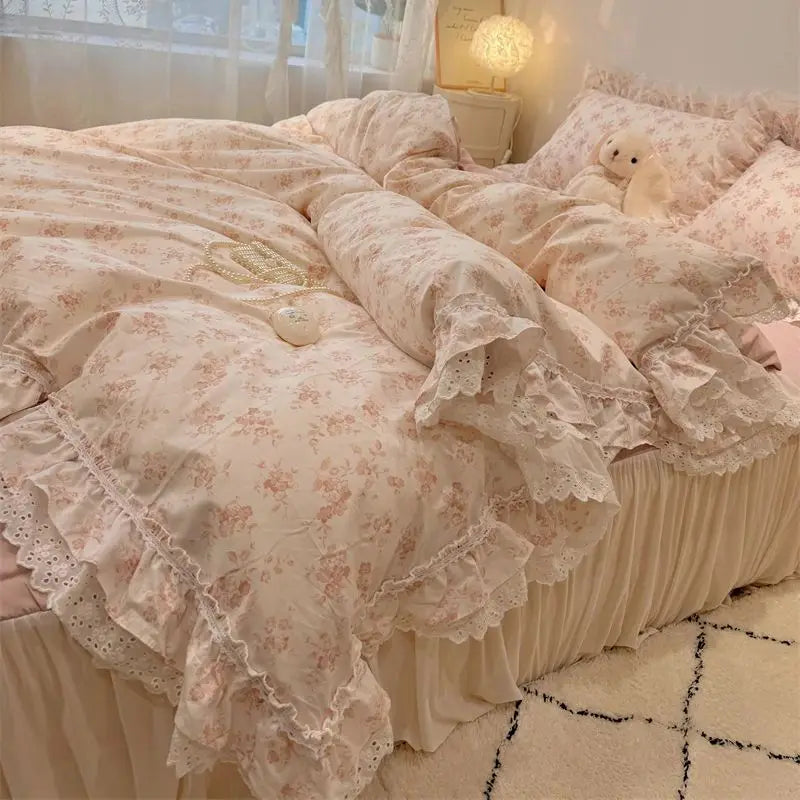 Afralia™ Princess Style Lace Ruffles Bedding Set - 100% Cotton, 3/4Pcs, Korean Design