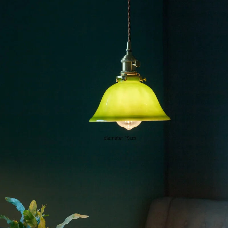 Afralia™ Triangle Green Glass LED Pendant Lights: Vintage Copper Hanging Lamp for Home Decor