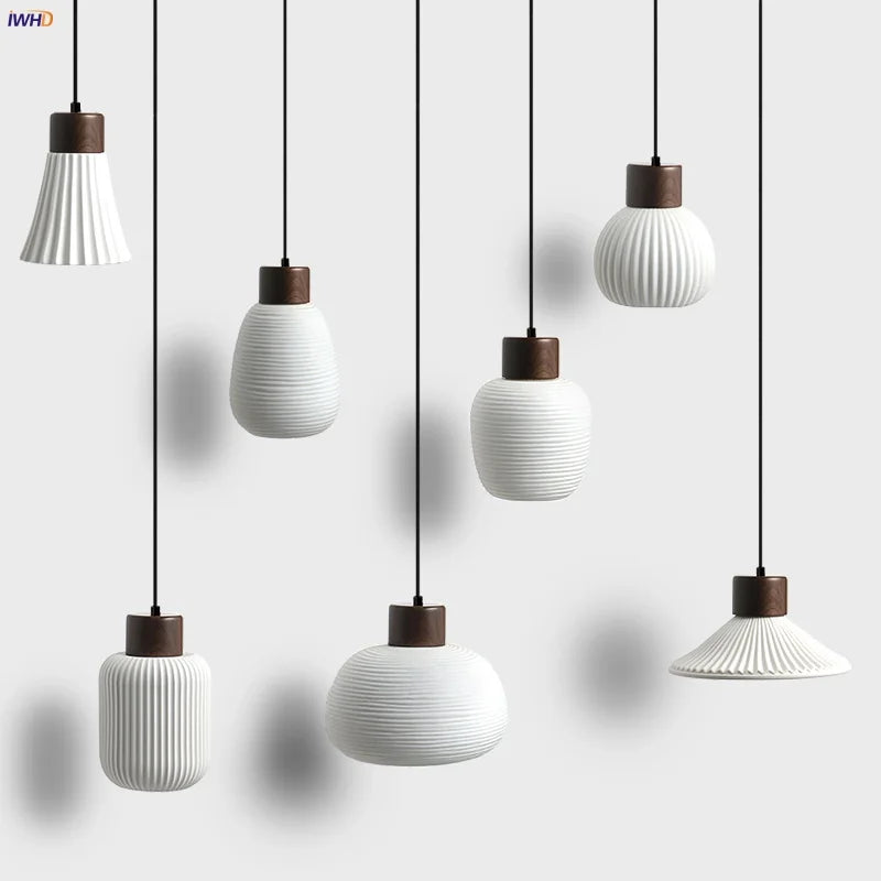 Afralia™ Nordic LED Pendant Light Wood White Ceramic Hanging Lamp