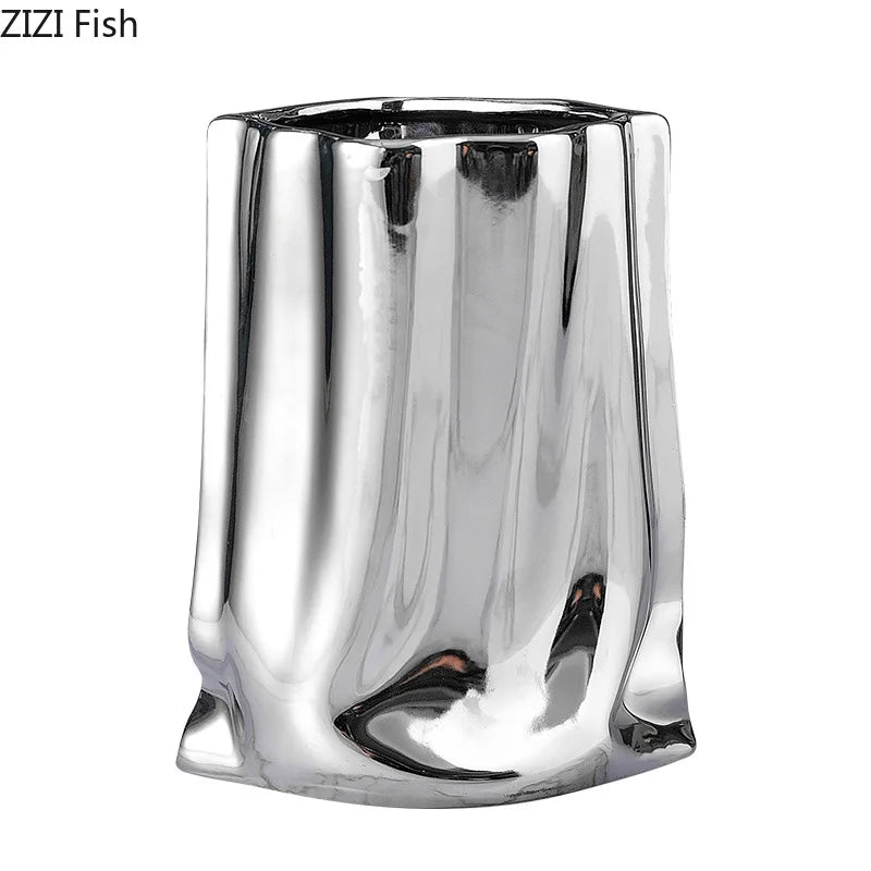 Afralia™ Gold Plated Pleated Texture Ceramic Vase for Desk Decor and Flower Arrangements