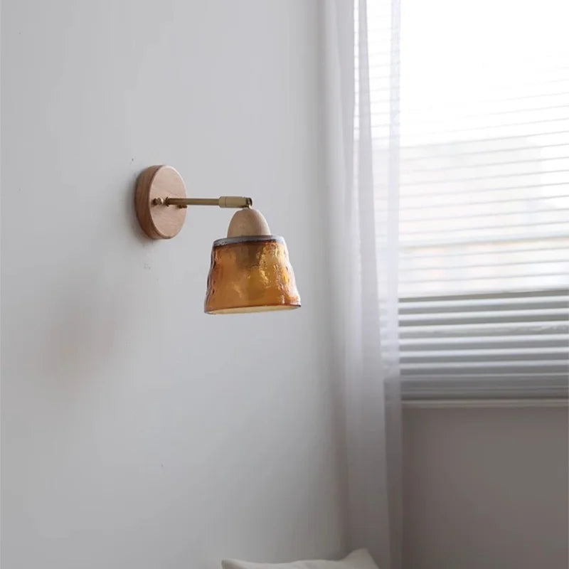 Afralia™ Wood Canopy LED Wall Lights Pull Chain Switch Amber Glass Modern Bedside Sconce