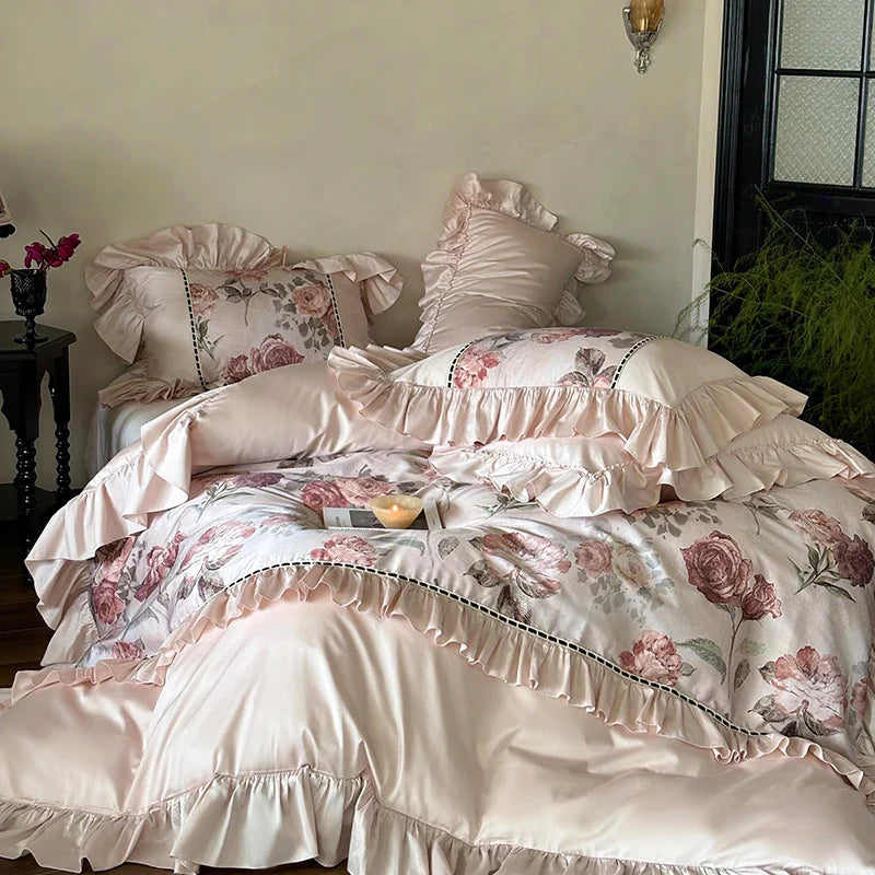 Afralia™ Rose Ruffles Bedding Set in Egyptian Cotton - Double Queen King Sizes