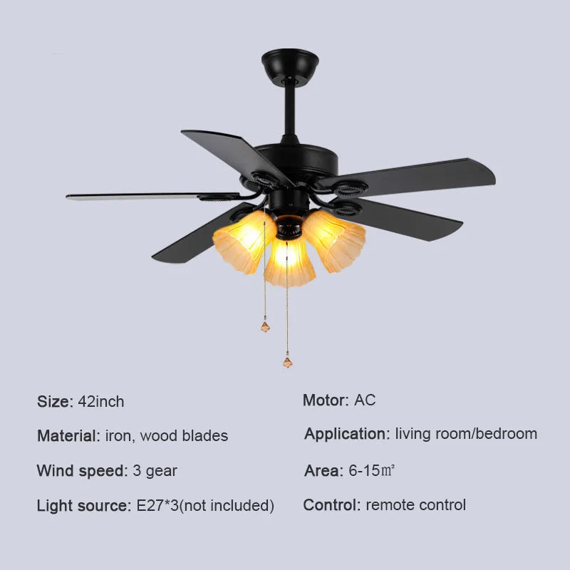 Afralia™ Retro Wooden Blades Ceiling Fan Light: American Style Iron Silent LED Chandelier