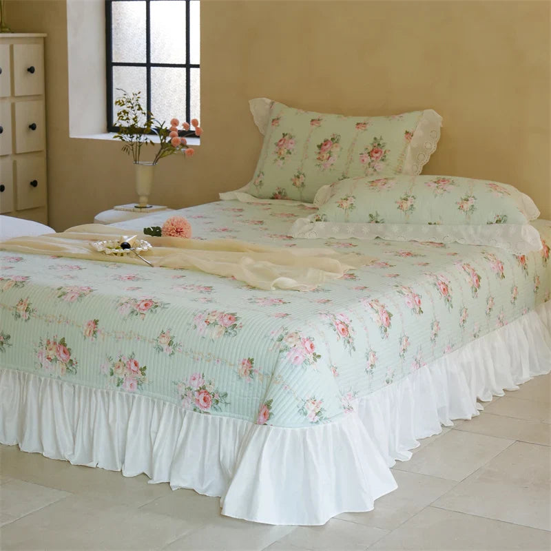 Afralia™ Cotton Floral Ruffles Quilted Bedspread Set with Pillowcases
