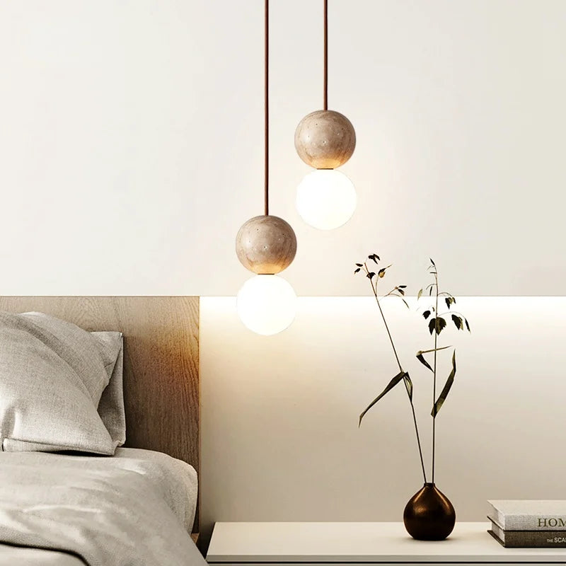 Afralia™ Stone Glass LED Hanging Lamp for Living & Dining Room, Yellow Travertine Nordic Pendant Lighting