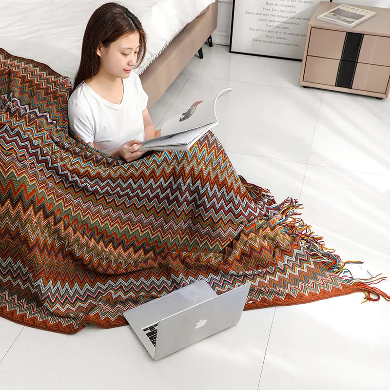 Afralia™ Boho Knitted Striped Blanket with Tassels