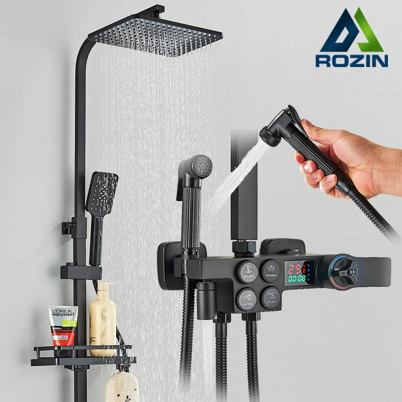 Afralia™ Gold Thermostatic Shower Faucet Set: Smart Digital Mixer, Wall Mounted Rainfall System