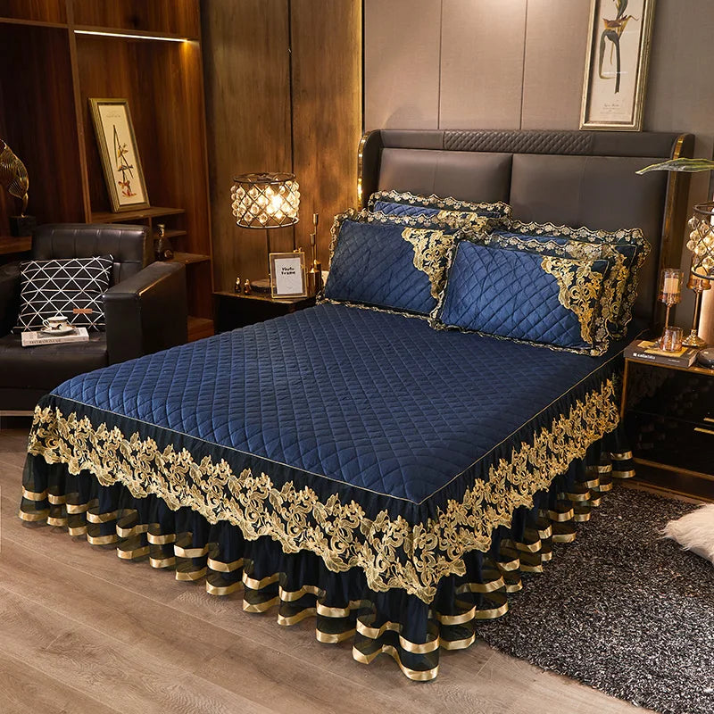 Afralia™ Black Gold Lace Duvet Set, Luxury Crystal Velvet, Quilted Embroidery, Ruffle Bedding