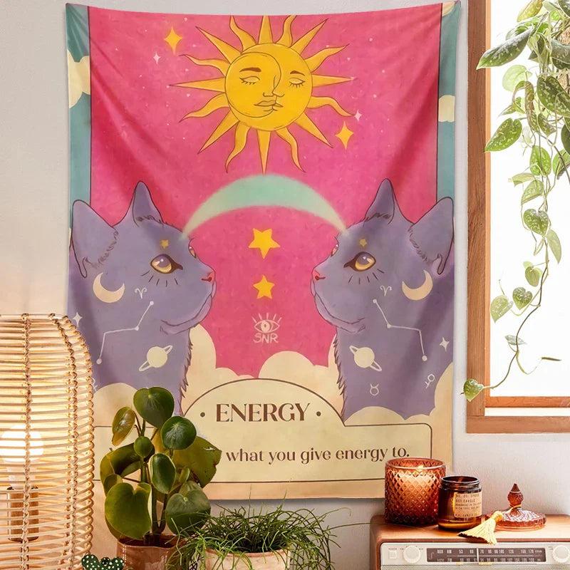 Afralia™ Tarot Constellation Cat Energy Wall Art Tapestry - Sun Moon Decor