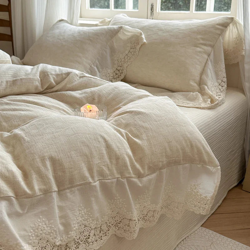 Afralia™ Jacquard Linen Cotton Ruffles Bedding Set with French Lace in Natural Skin Tone