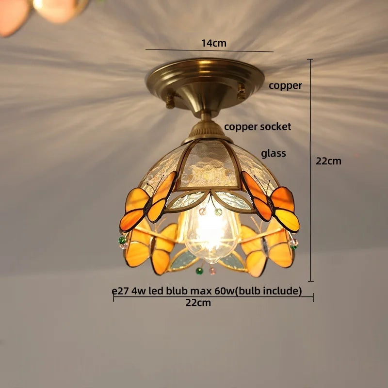 Afralia™ Handcrafted Glass Copper Canopy Ceiling Light Tiffany Style Glass Vintage Loft