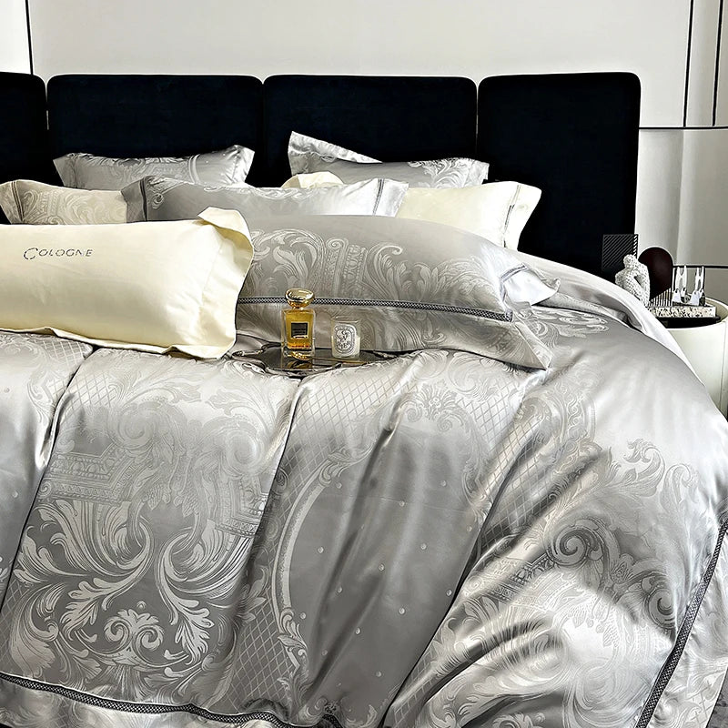 Afralia™ Brocade Satin Jacquard Egyptian Cotton Bedding Set, Luxury Silky Duvet Cover, Bed Sheet, Pillowcase