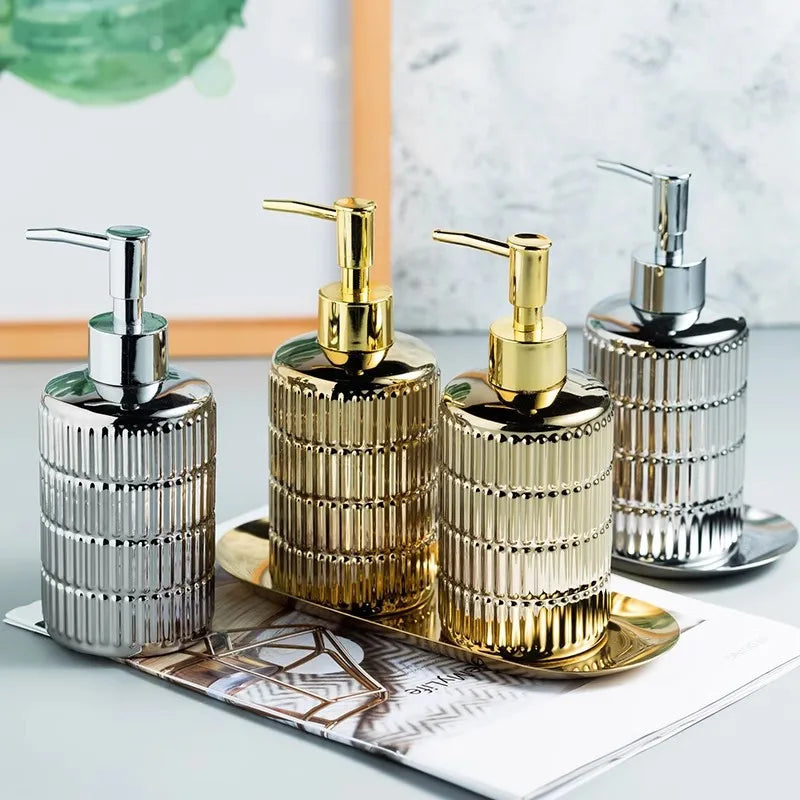 Afralia™ Ceramic Soap Dispenser Set | Silver Bathroom Shampoo Bottles 340 ML