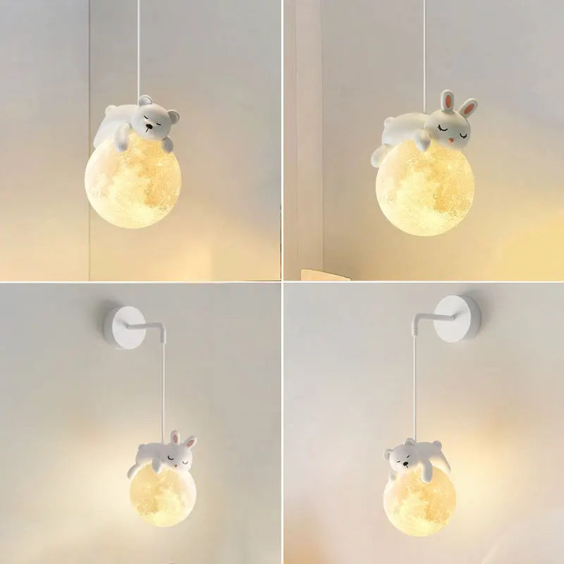 Afralia™ Moon Rabbit Pendant Lamp for Children's Room Bedside, 3D Printing, White Lampshade