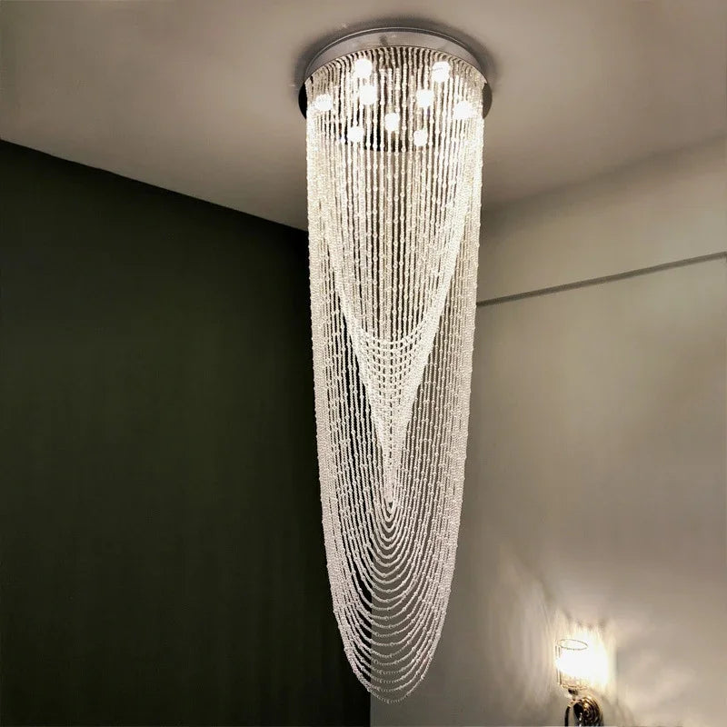 Afralia™ Crystal Tassel Stair Chandelier for Luxury Indoor Lighting in Living Room or Lobby
