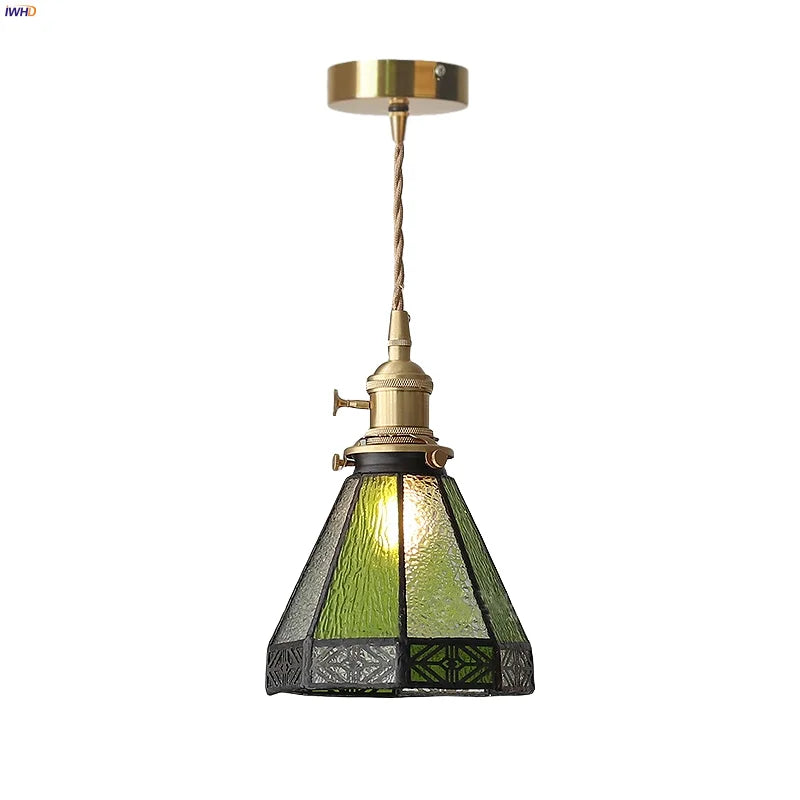 Afralia™ Loft Green Tiffany Glass LED Pendant Lights with Copper Knob Switch