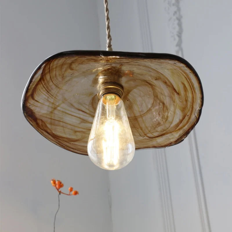 Afralia™ Brass Knob Switch LED Pendant Light, Nordic Amber Glass Hanging Lamp
