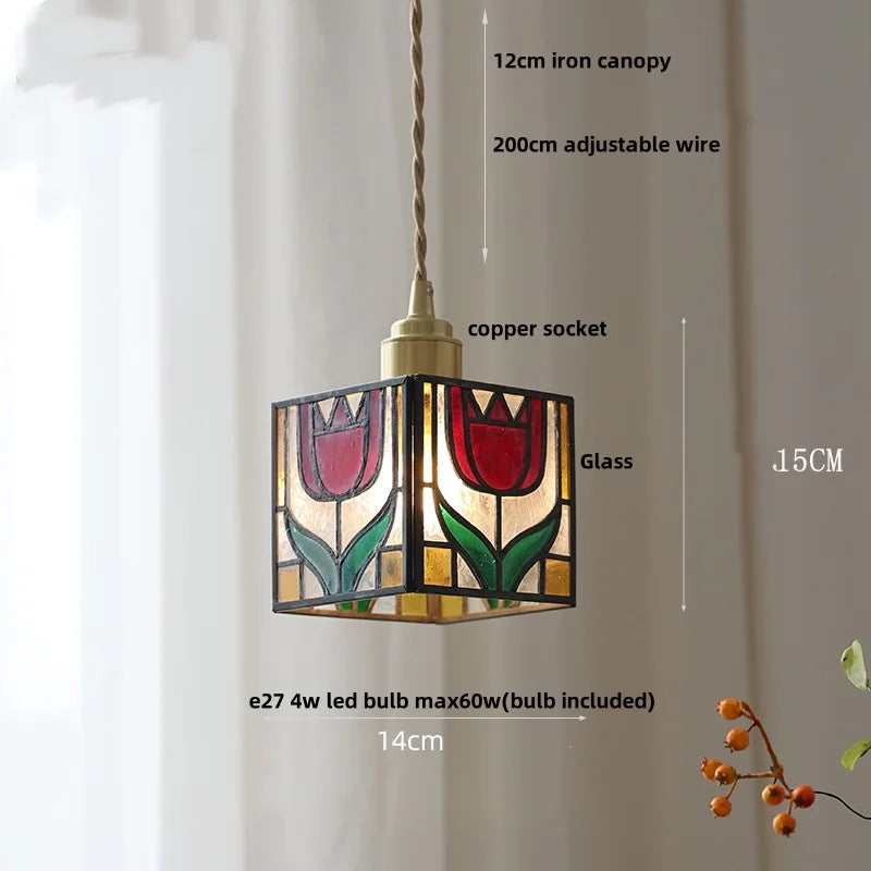 Afralia™ Magic Cube LED Pendant Lights Glass Walnut Wood Tiffany Style Hang Lamp