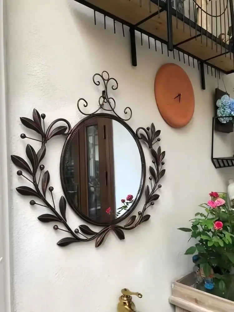 Afralia™ Wrought Iron Retro Light Luxury Wall-Mounted Mirror for Bathroom & Makeup