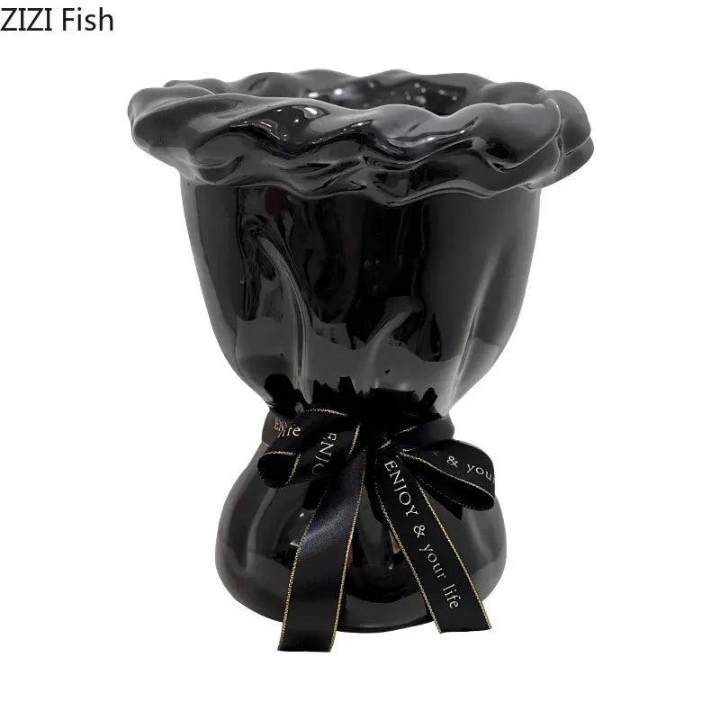 Afralia™ Ceramic Vase with Artificial Flowers Bouquet for Desk and Room Decoration