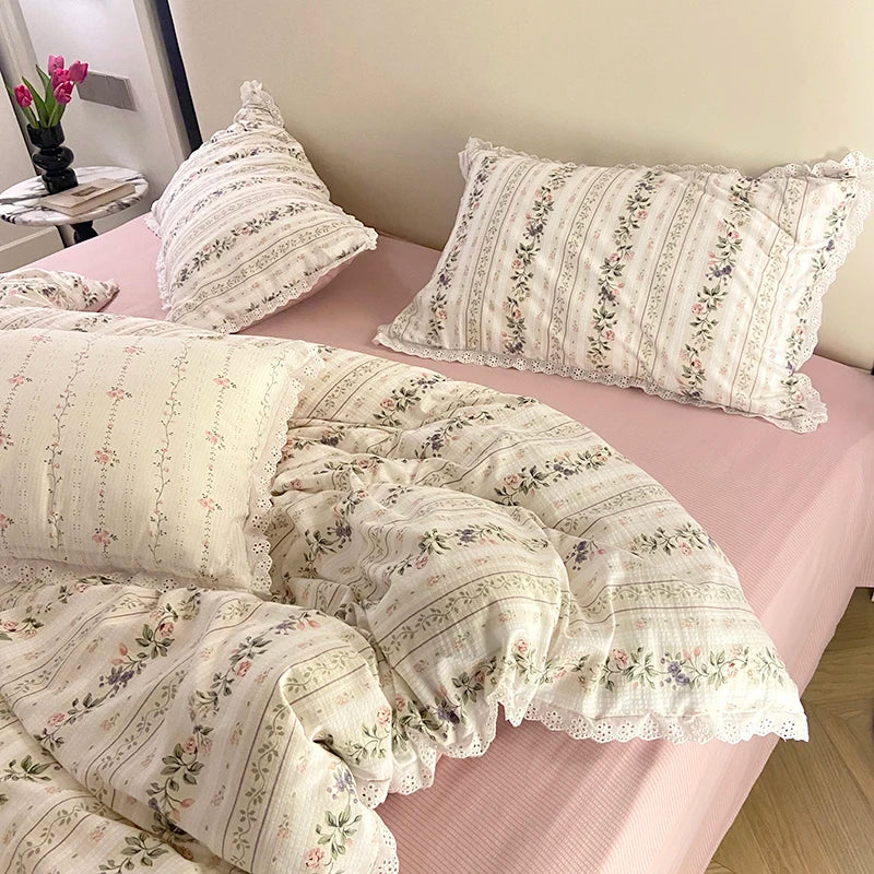 Afralia™ Vintage Lace Ruffles Duvet Set with Bed Sheet and Pillowcases