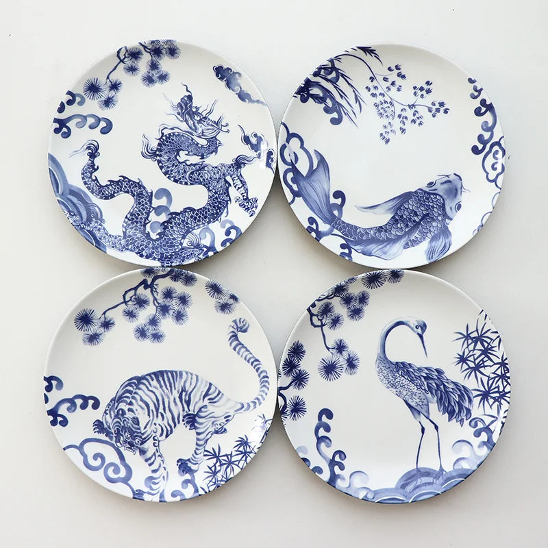 Afralia™ Blue and White Ceramic Animal Dinner Plates - Set of 4