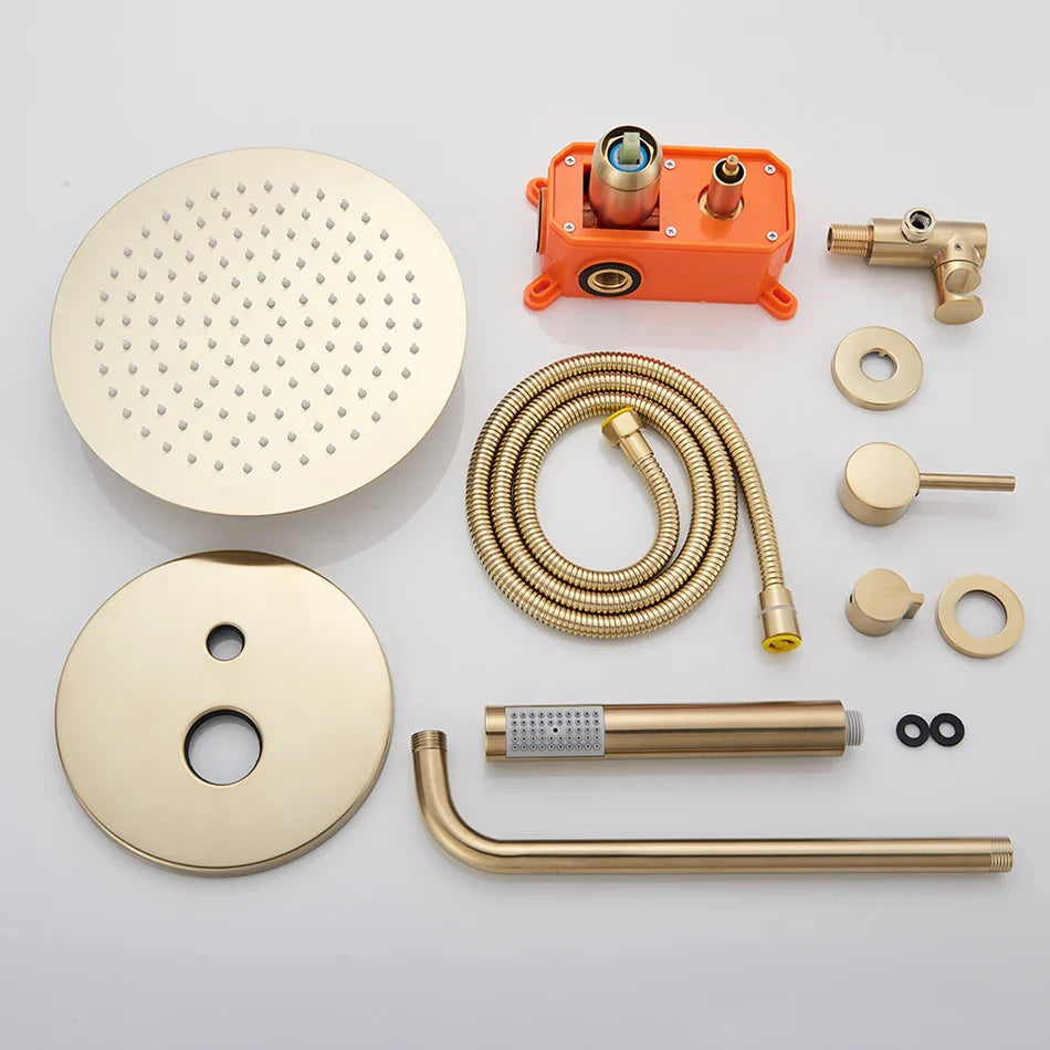 Afralia™ Gold Shower Faucet with Rainfall Head and Hand Sprayer - Wall Mount Mixer Set