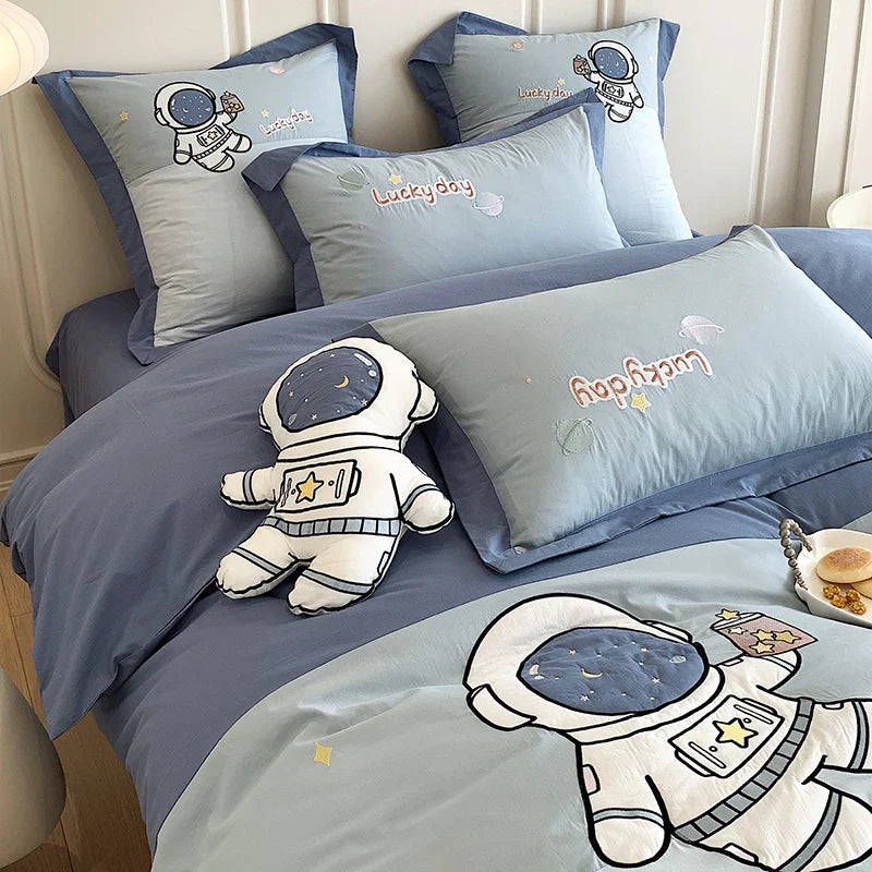 Afralia™ Astronaut Cartoon Embroidery Boys Bedding Set, 100% Cotton, Single Duvet Cover, Bed Sheet, Pillowcases