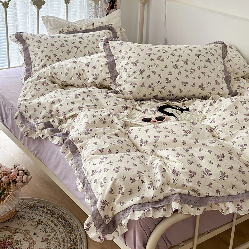 Afralia™ French Floral Print Double Layer Lace Ruffles Bedding Set