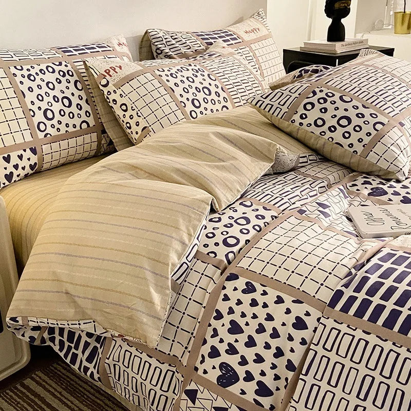 Afralia™ Pure Cotton Striped Bedding Set Duvet Cover Fitted Sheet Kit for Single/Double