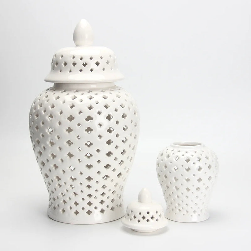 Afralia™ White Hollow General Jar - Ceramic Ornamental Storage Vase with Lid