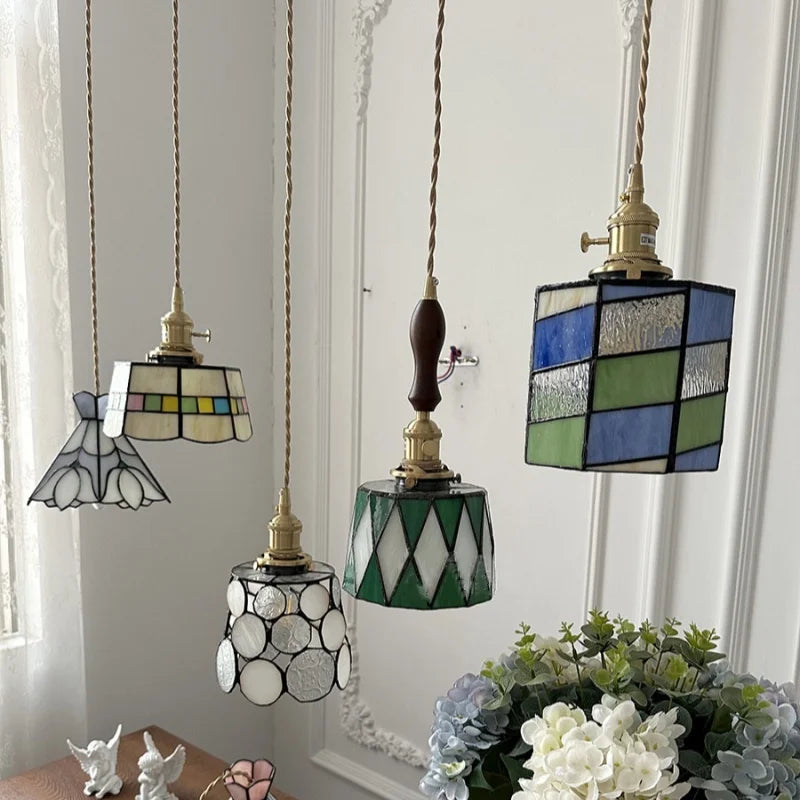 Afralia™ LED Glass & Wood Pendant Lamp Vintage Copper Hanging Lights