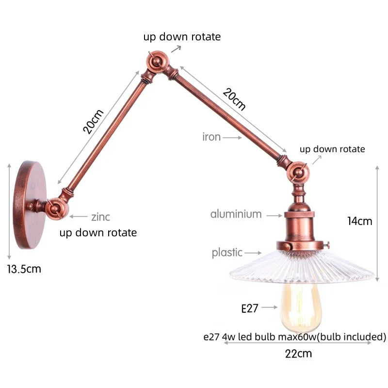 Afralia™ Adjustable Glass Swing Arm LED Wall Sconce with Pull Chain Switch