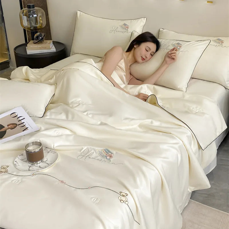 Afralia™ Ice Rayon Summer Quilt: Bear Floral Embroidery Cooling Thin Blanket - Antimicrobial Comforter