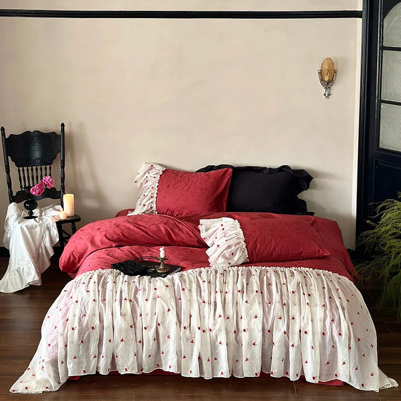 Afralia™ Egyptian Cotton Lace Ruffles Wedding Bedding Set 4-Piece Luxe Collection