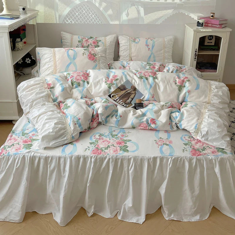 Afralia™ Korean Princess Flowers Bedding Set - Duvet Cover, Bed Skirt, Pillowcases