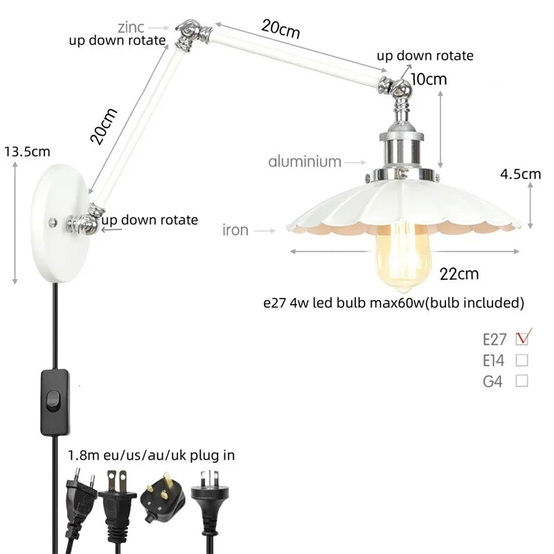 Afralia™ Industrial Lens Vintage Loft LED Wall Lamp with Swing Arms & Pull Chain Switch