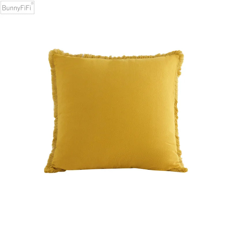 Afralia™ Washed Cotton Fringed Tassel Pillow Cover Set - White & Mustard