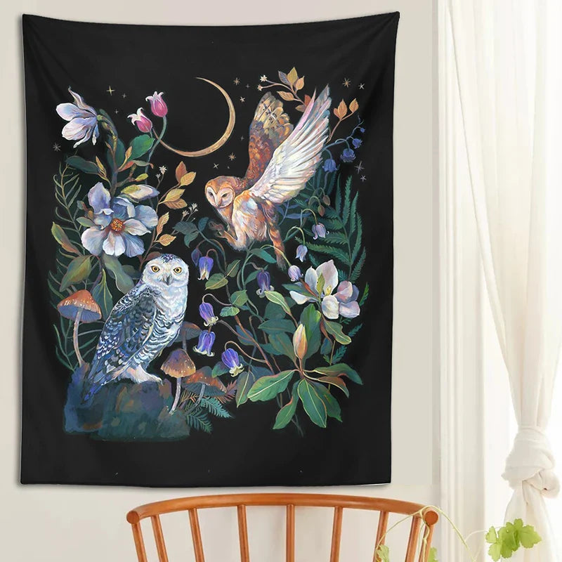 Afralia™ Owls Night Garden Tapestry Wall Hanging - Psychedelic Moon Magic Plant Flower Tapestries